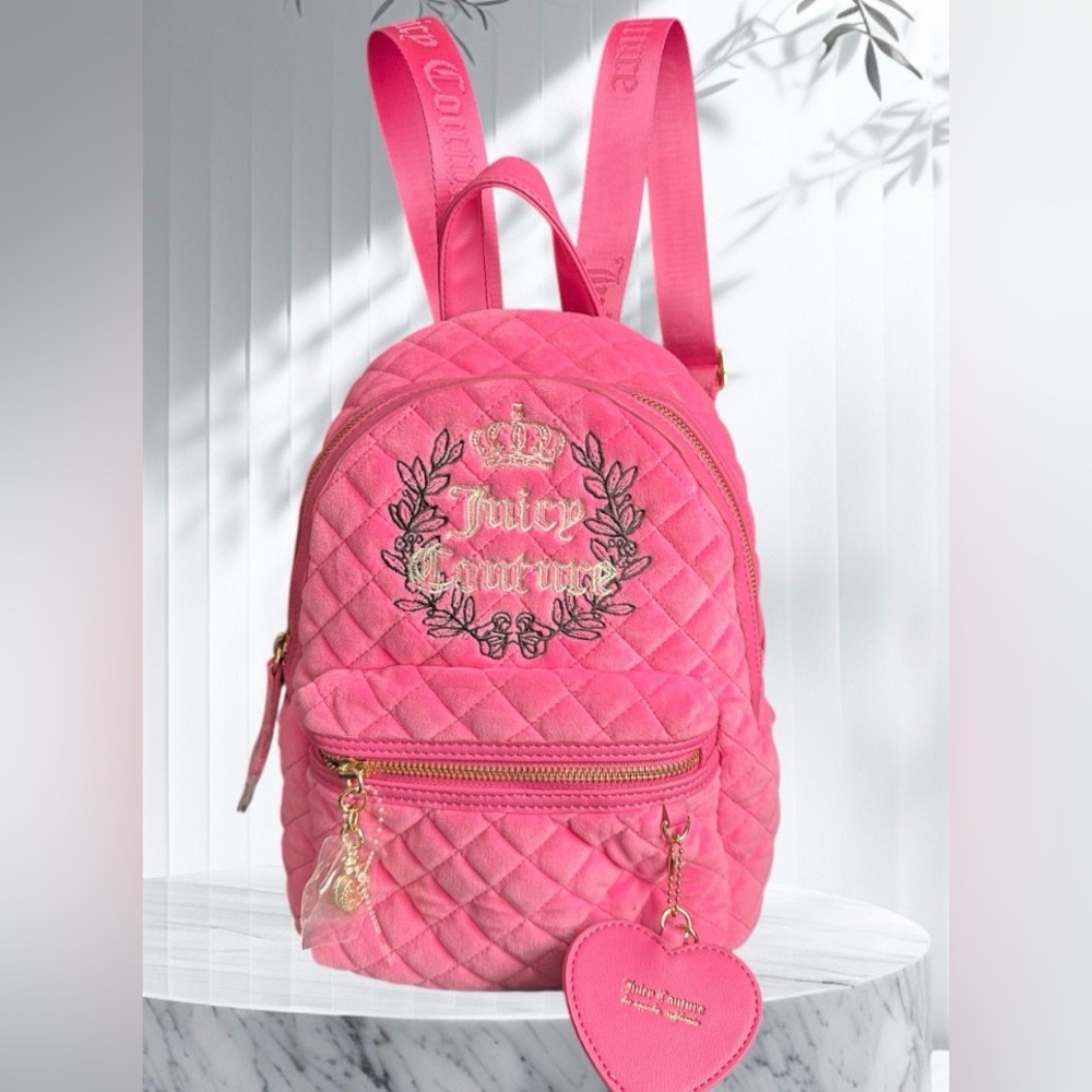 NWT Juicy Couture Pink Quilted Backpack with Heart Charm